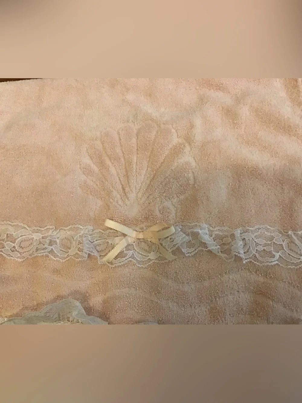 Vintage Cannon Classic Shell hand towel with lace and satin bow trim